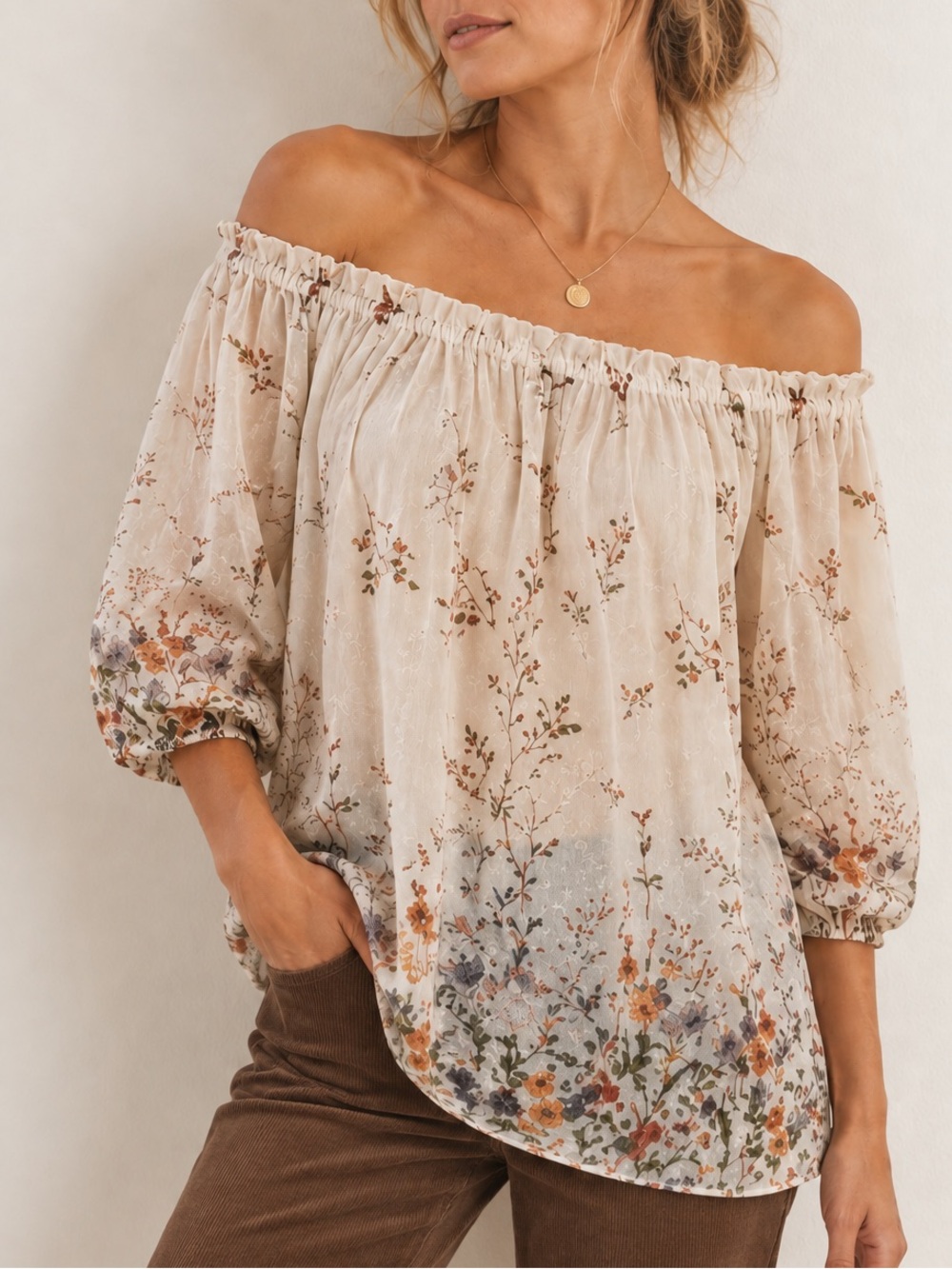 Orchard Haze White Floral Silky Boho Lined Blouse Size Medium